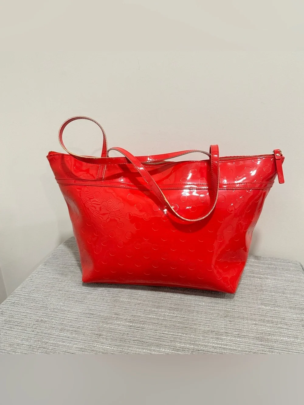 Kate Spade New York Large Red Vinyl Circle Pattern Tote Bag